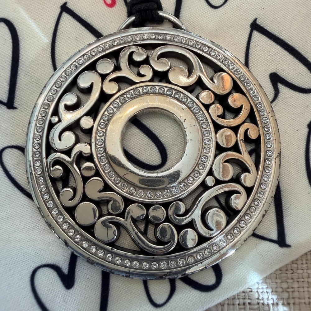 Retired Brighton Silver Tone Medallion Pendant Necklace Black Cord Crystal